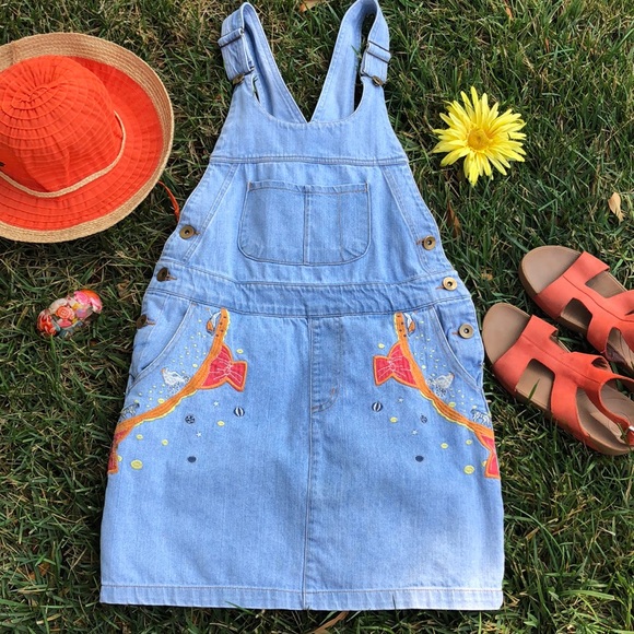Vintage Dresses & Skirts - 🌺 VINTAGE Embroidered Jean Overall Dress Fits S/M